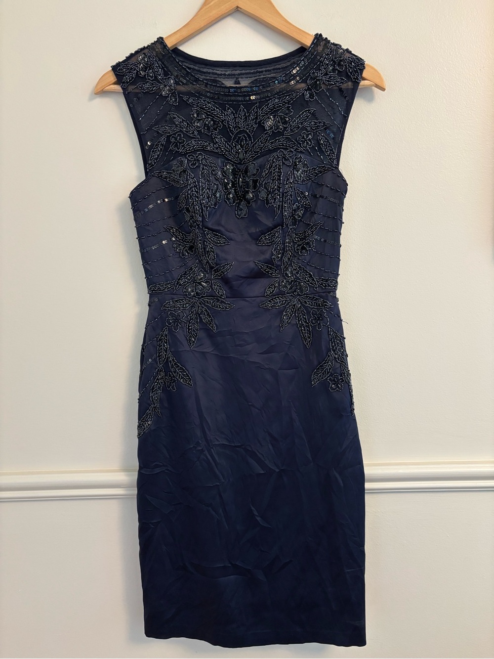 Sue Wong Navy Beaded Dress with sheer neckline